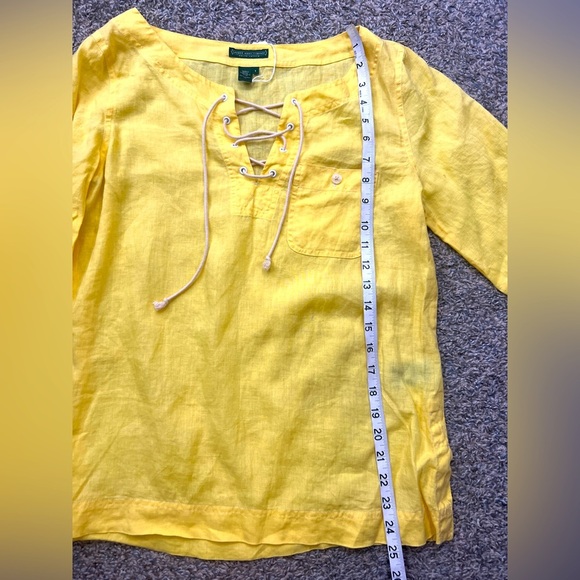 Ralph Lauren Vibrant Yellow Top Tie Front Blouse Cuffed Sleeve Linen Size Small - Picture 10 of 12